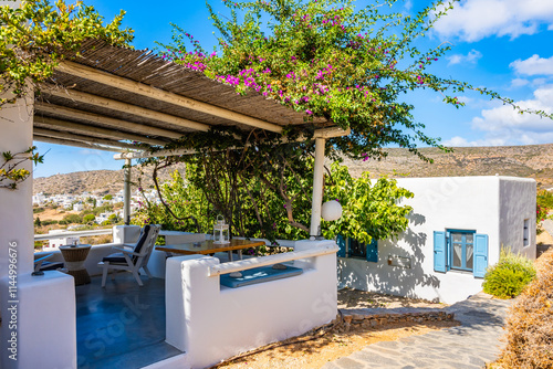 Obraz na płótnie Terrace of a traditional Greek style apartment in Katapola village, Amorgos island, Cyclades, Greece w salonie