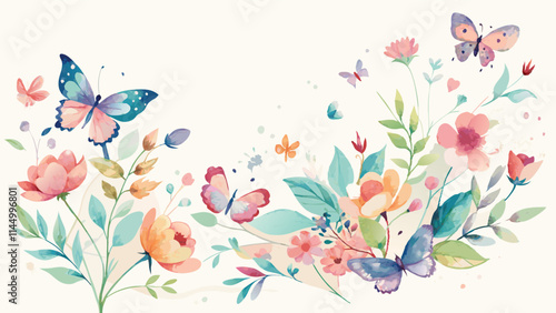 Colorful butterflies and blooming flowers creating a vibrant spring garden design in a soft watercolor style ideal for home decor and invitations