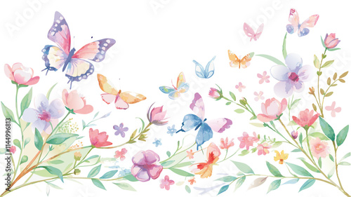 Colorful butterflies and blooming flowers creating a vibrant spring garden design in a soft watercolor style ideal for home decor and invitations