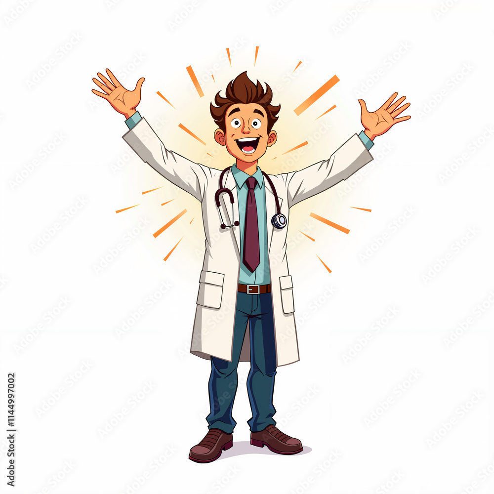 Cartoon male doctor celebrating with his arms raised. Cartoon male doctor celebrating with his arms raised.