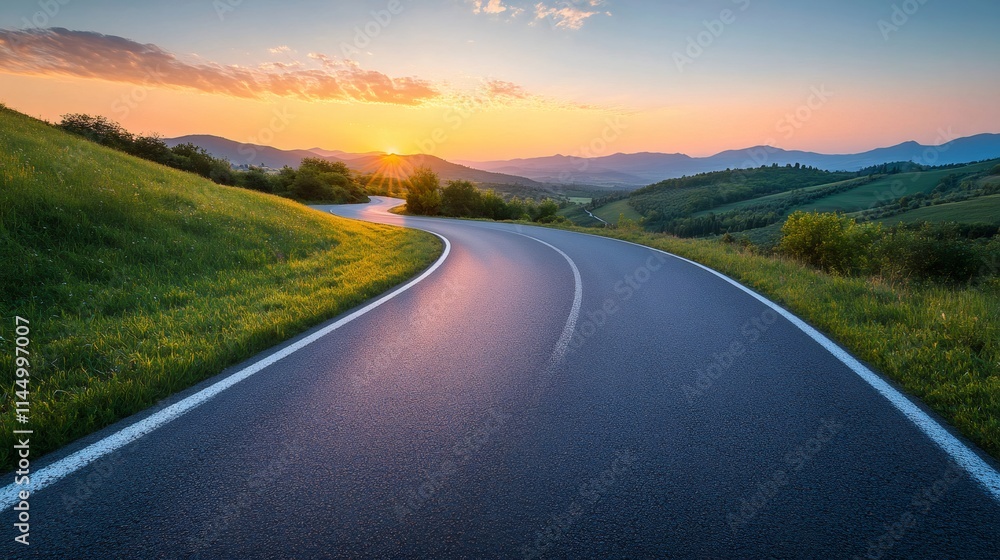 Winding road leading into beautiful sunset over green hills Winding road leading into beautiful sunset over green hills