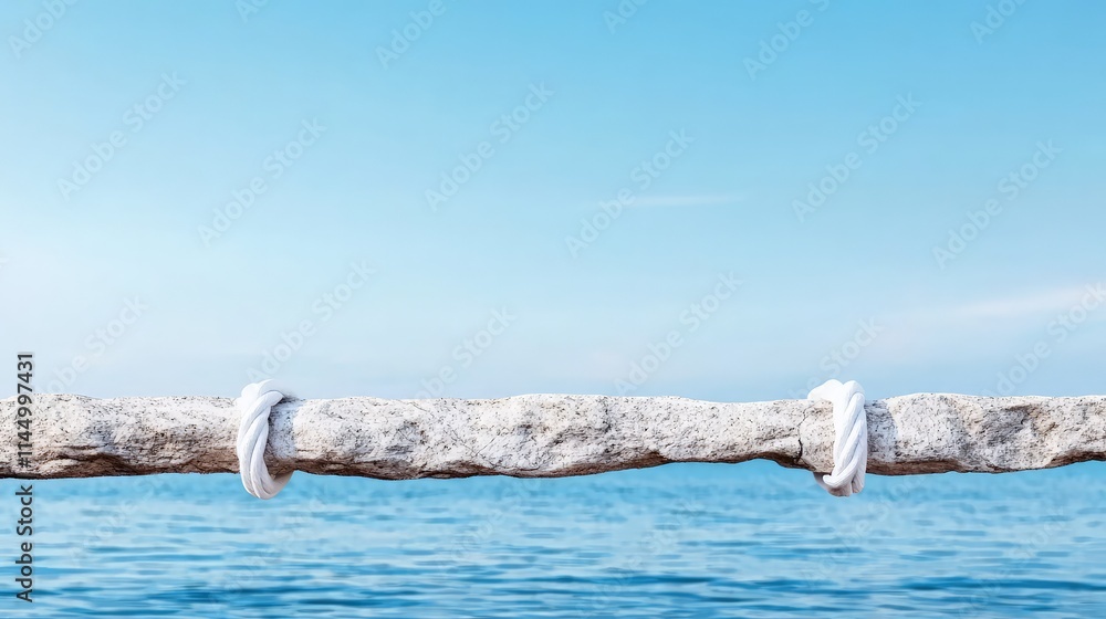 Fototapeta premium Stone bridge over calm sea, tied with rope.
