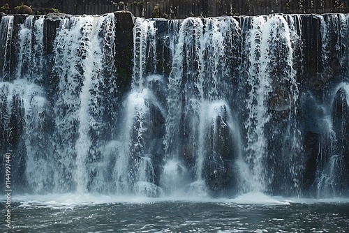 a large cascading waterfall with fresh water in mountains with greenery, rocks and other natural elements 