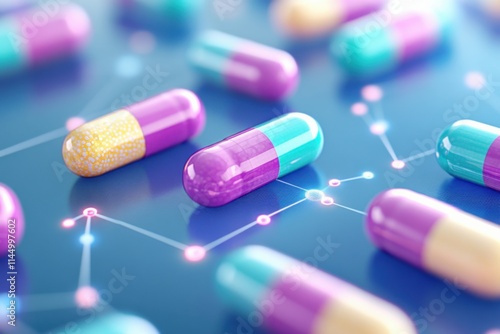 Colorful capsules and tablets on a digital screen indicating pharmacokinetics data and molecular pathways in modern medical research photo