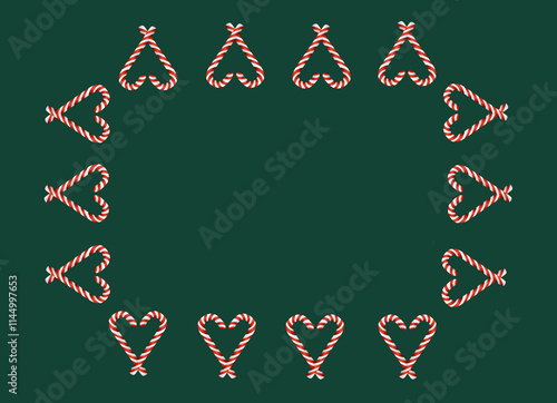 Striped, red christmas candy canes designed in heart shape on green background with copy space on center.illustration work