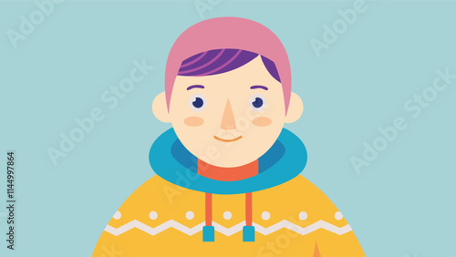 Cheerful young person dressed warmly in cozy attire with a playful hairstyle against a simple blue background
