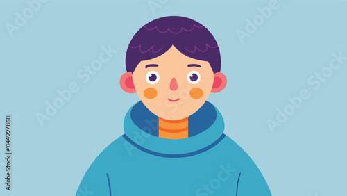 Cheerful young person dressed warmly in cozy attire with a playful hairstyle against a simple blue background