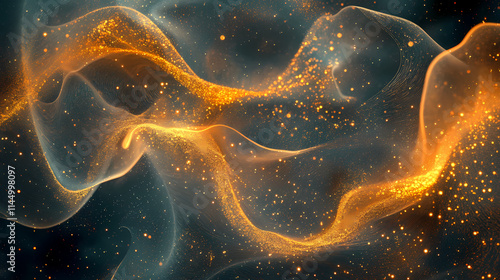 A shimmering abstract design with flowing golden waves and sparkling particles on a dark background. ethereal. illustration. Etherean. Illustration photo