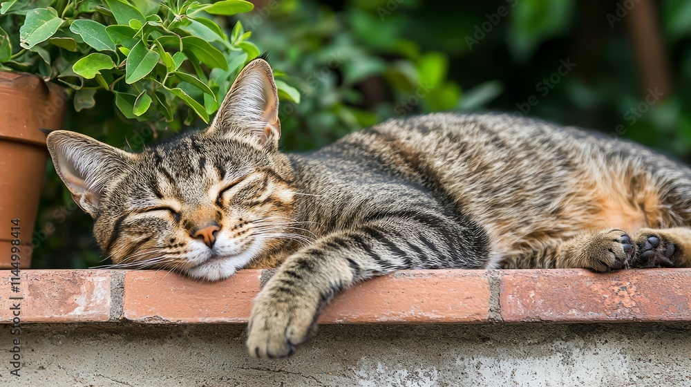 Naklejka premium A peaceful tabby cat sleeping on a ledge with greenery in the background.