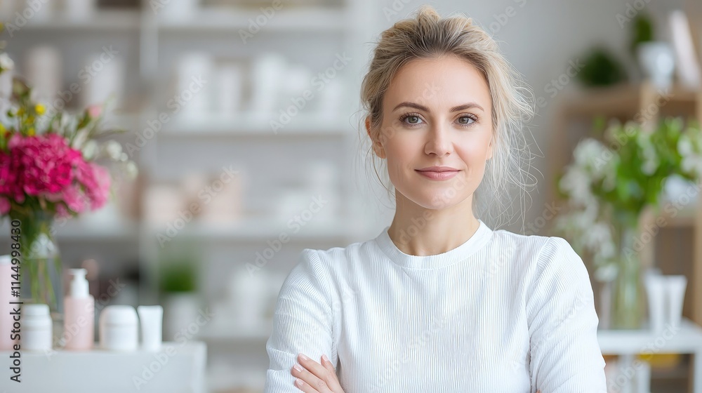 Confident woman with arms crossed in a shop. Confident woman with arms crossed in a shop.