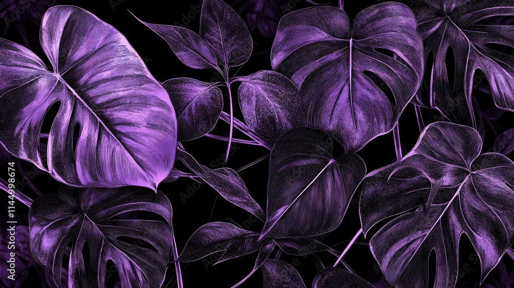 Stunning Purple Tropical Leaves on Dark Background - Exquisite Botanical Art for Home Decor Stunning Purple Tropical Leaves on Dark Background - Exquisite Botanical Art for Home Decor