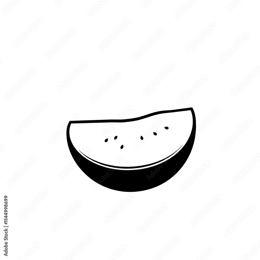 Watermelon Slice Icon: Simple and clean, this black and white vector illustration of a watermelon slice is perfect for adding a touch of summer sweetness to your designs. Watermelon Slice Icon: Simple and clean, this black and white vector illustration of a watermelon slice is perfect for adding a touch of summer sweetness to your designs.