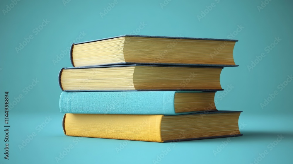 Stack of four books with yellow and blue covers on a teal background.
