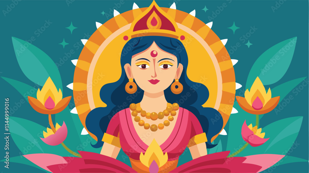 Vibrant vector artwork of a goddess with intricate details and decorative elements, symbolizing prosperity and beauty in a serene setting Vibrant vector artwork of a goddess with intricate details and decorative elements, symbolizing prosperity and beauty in a serene setting