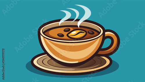 Warm cup of coffee on a saucer with steaming hot beverage and coffee beans in a vibrant background