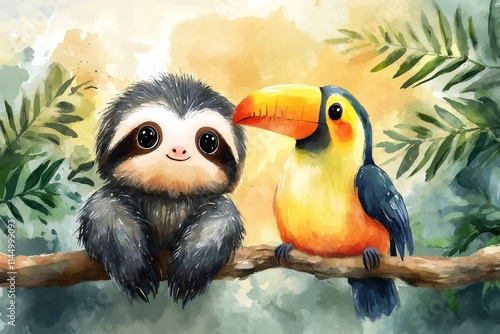 Cute sloth and toucan perching on branch in jungle watercolor painting photo