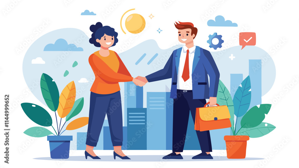 Two professionals shaking hands in an urban setting during a sunny day, representing partnership and collaboration in the workplace Two professionals shaking hands in an urban setting during a sunny day, representing partnership and collaboration in the workplace