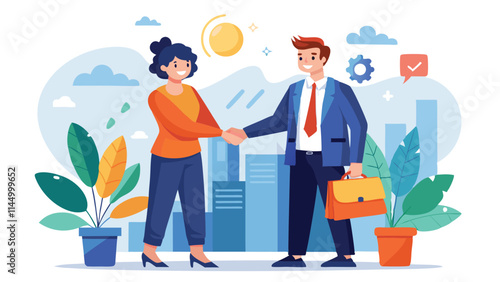 Two professionals shaking hands in an urban setting during a sunny day, representing partnership and collaboration in the workplace