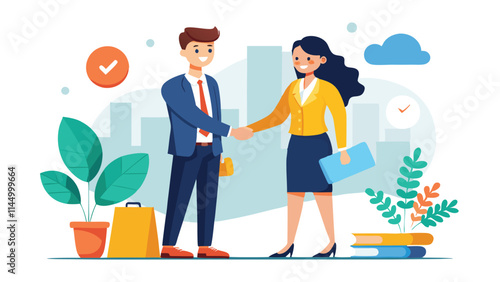 Two professionals shaking hands in an urban setting during a sunny day, representing partnership and collaboration in the workplace