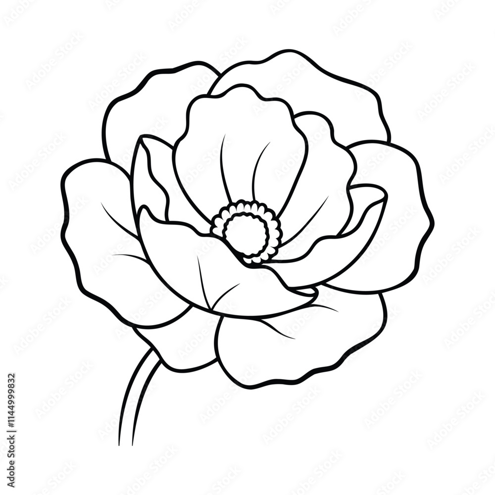 A black and white line drawing of a poppy flower, showcasing its delicate petals and central stamen A black and white line drawing of a poppy flower, showcasing its delicate petals and central stamen