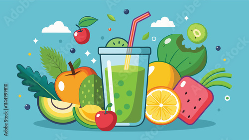 Colorful fruit vector illustration featuring a refreshing drink and assorted fruits on a light green background