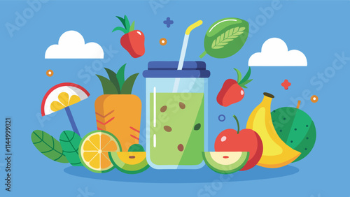Colorful fruit vector illustration featuring a refreshing drink and assorted fruits on a light green background