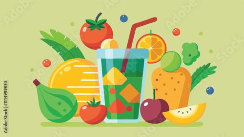 Colorful fruit vector illustration featuring a refreshing drink and assorted fruits on a light green background
