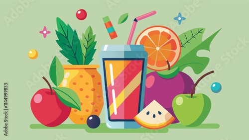 Colorful fruit vector illustration featuring a refreshing drink and assorted fruits on a light green background