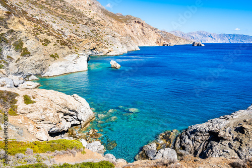 Obraz na płótnie View of Agia Anna beach and beautiful mountains with blue sea, Amorgos island, Cyclades, Greece w salonie