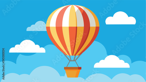 Colorful hot air balloon soaring through a bright blue sky surrounded by fluffy clouds during a sunny day