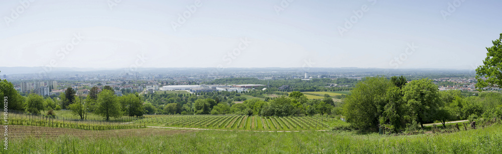 Obraz premium Blick vom Hügel Tüllingen nach Westen, auf die elsässische Ebene, Weil am Rhein in Deutschland, Basel in der Schweiz und Huningue in Frankreich