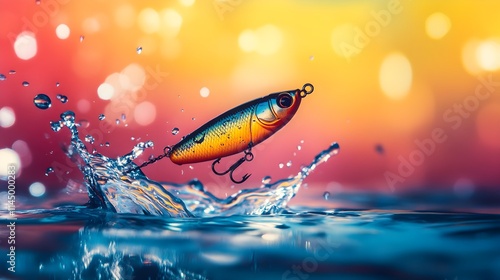 Vibrant Fishing Lure in Mid-Air with Water Splash photo