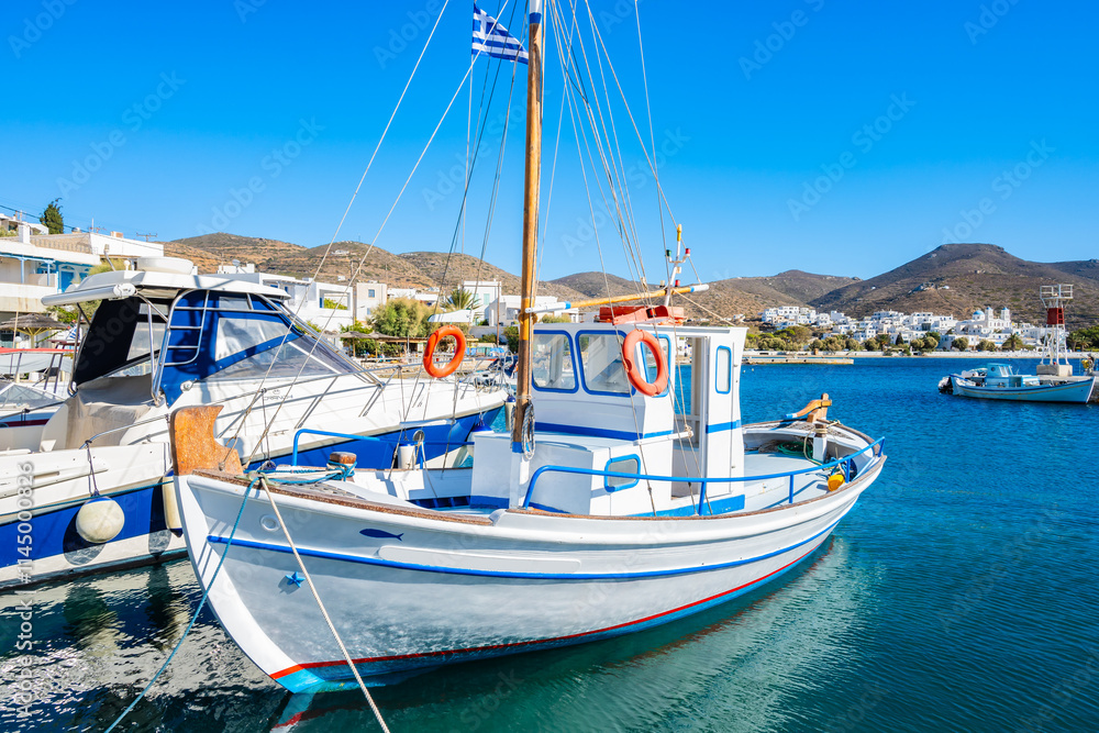 Traditional fishing boat on sea in Katapola bay, Amorgos island, Cyclades, Greece