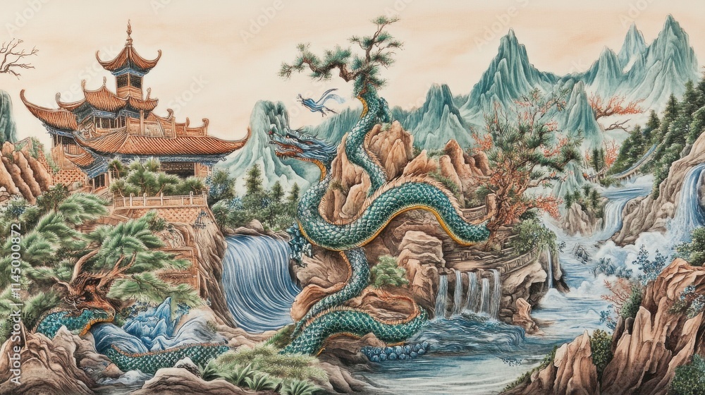 Obraz premium Majestic Asian Dragon and Temple Landscape Painting. Exquisite Waterfall and Mountain Scenery. Serene Chinese Art
