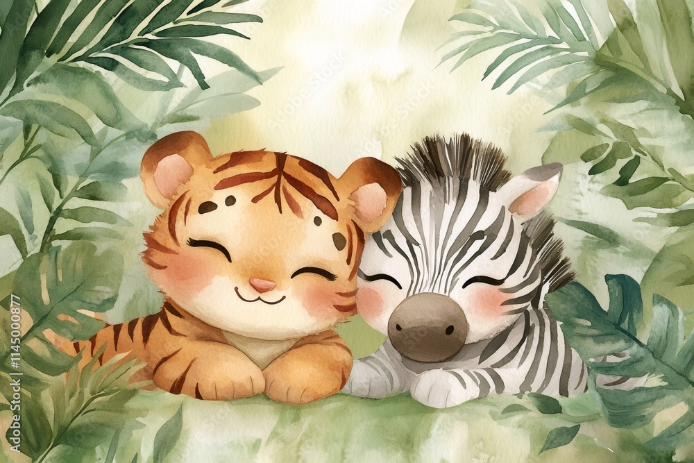 Cute baby tiger and zebra sleeping together in jungle watercolor painting Cute baby tiger and zebra sleeping together in jungle watercolor painting