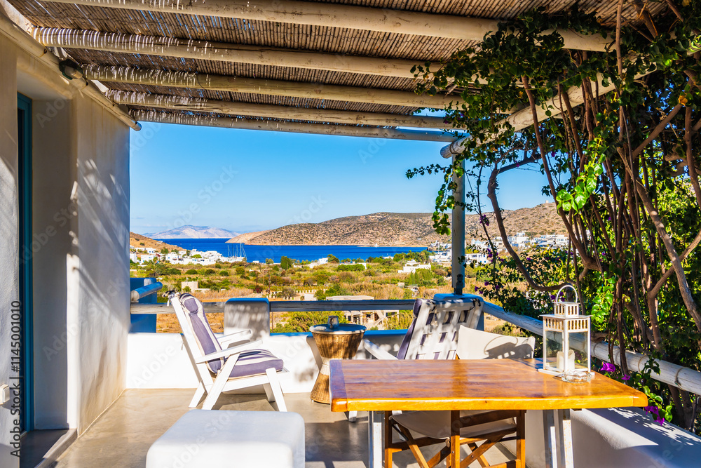 Terrace of a traditional Greek style apartment in Katapola village, Amorgos island, Cyclades, Greece