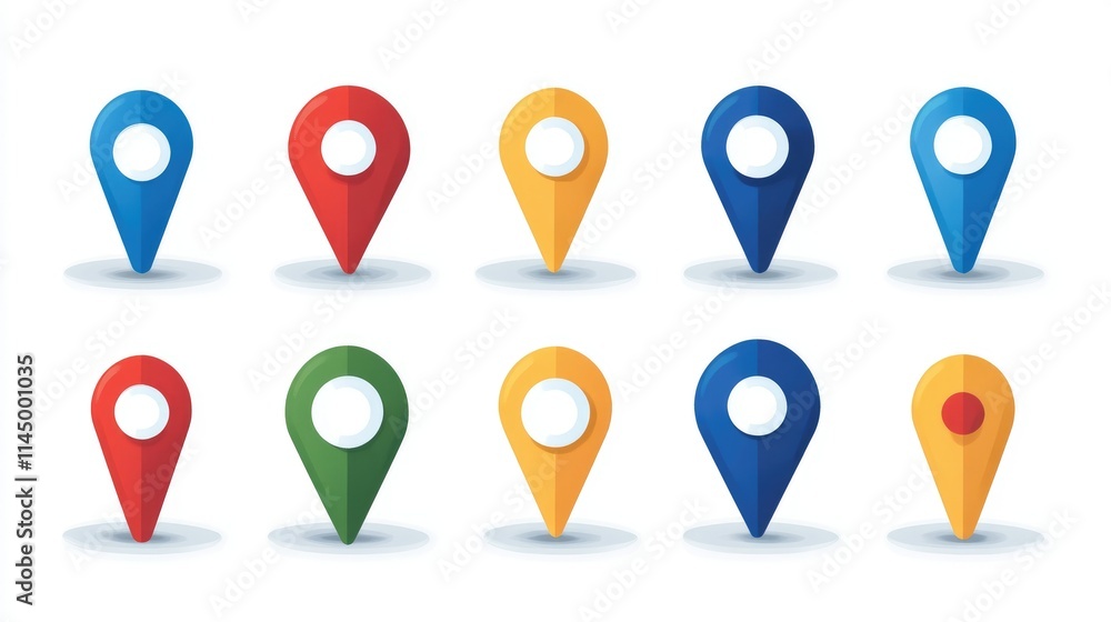 Ten colorful map pin icons arranged in rows on a white background. Ten colorful map pin icons arranged in rows on a white background.