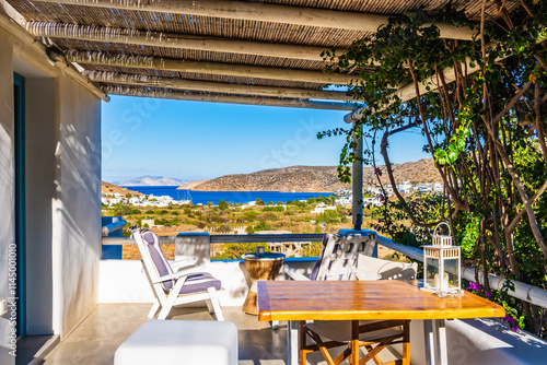 Obraz na płótnie Terrace of a traditional Greek style apartment in Katapola village, Amorgos island, Cyclades, Greece w salonie