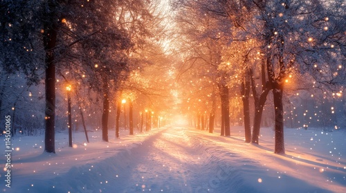 Snow falling on a winter park path at sunset