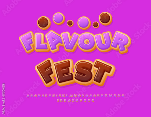 Vector Tasty template Flavour Fest with Sweet Font. Delicious Alphabet Letters and Numbers set