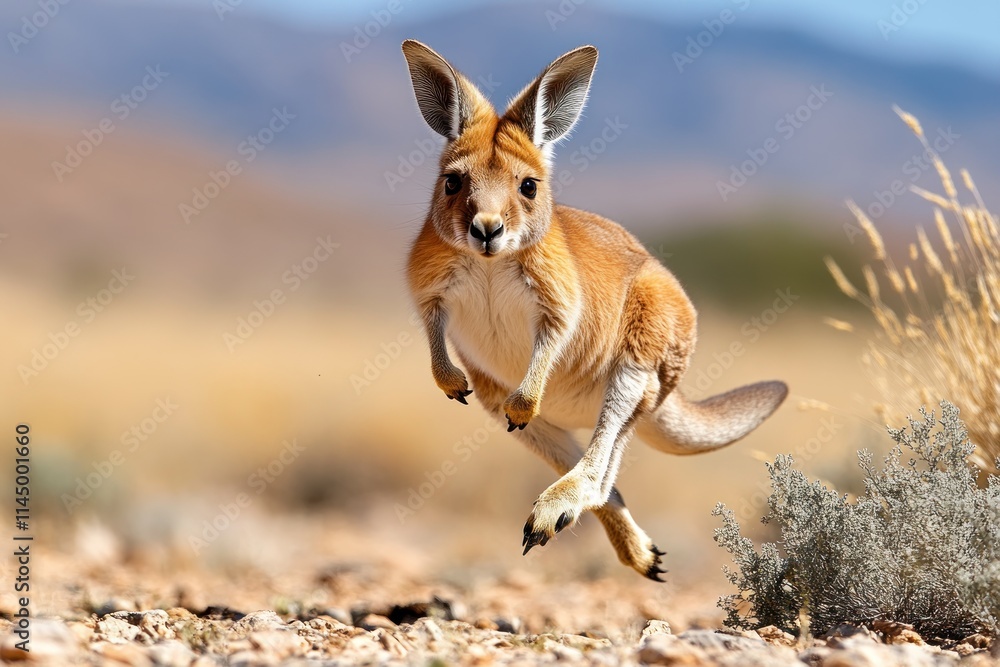 Fototapeta premium Kangaroo Mid-Air Leap Over Terrain