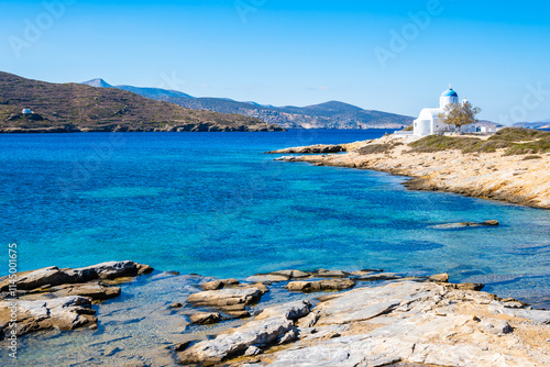 Obraz na płótnie View of rocky coast with beach and Agios Panteleemon chapel, Amorgos island, Cyclades, Greece w salonie