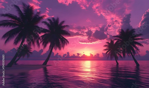 Fototapeta Naklejka Na Ścianę i Meble -  Tropical Tranquility, Palm Trees in the Embrace of a Purple and Pink Sunset