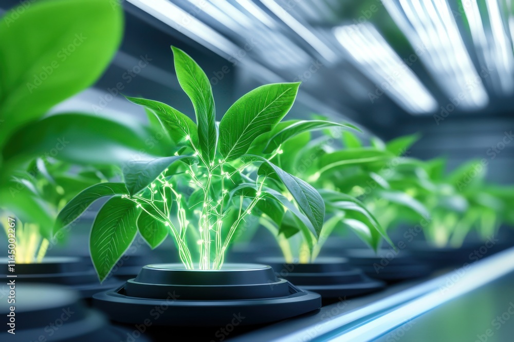 Futuristic pharmaceutical lab focused on plant-based drug synthesis with glowing pathways and natural compounds in a high-tech environment Futuristic pharmaceutical lab focused on plant-based drug synthesis with glowing pathways and natural compounds in a high-tech environment