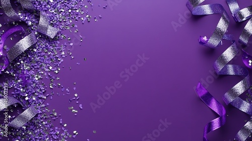 Lavender and silver streamers on a festive purple backdrop for a party with copy space. Generative Ai