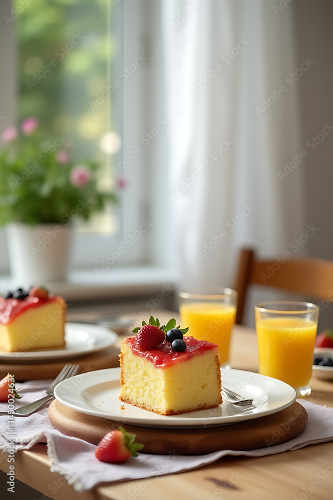 Breakfast foods including cake sit on a kitchen table with plenty of empty space in the background for creative freedom._00001_ Breakfast foods including cake sit on a kitchen table with plenty of empty space in the background for creative freedom._00001_