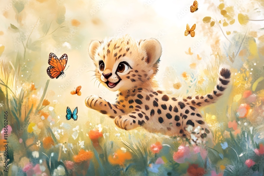 Obraz premium Playful cheetah cub running in a field of flowers chasing butterflies
