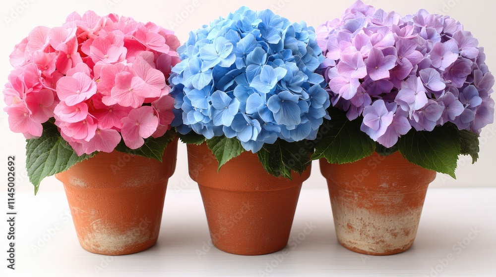 Three potted hydrangeas, pink, blue, and purple, on white. Three potted hydrangeas, pink, blue, and purple, on white.