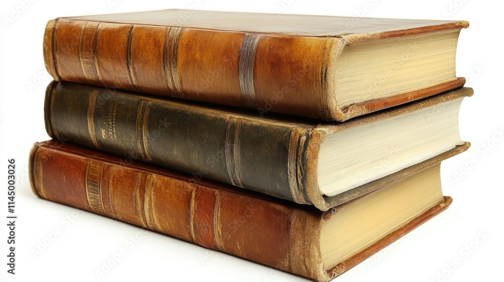 Three stacked old books, textured leather, on a white background. Three stacked old books, textured leather, on a white background.