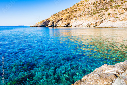 Obraz na płótnie View of Mouros bay and beach with crystal clear azure sea water, Amorgos island, Cyclades, Greece w salonie